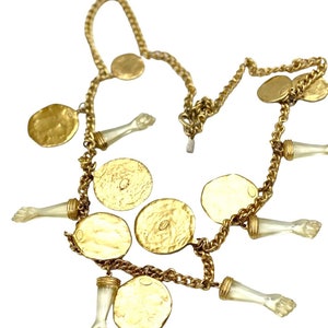 Vintage Kenneth Lane Higa Fica Figue Figa Fist Brutalist Coin Medallion Charm Necklace 32”