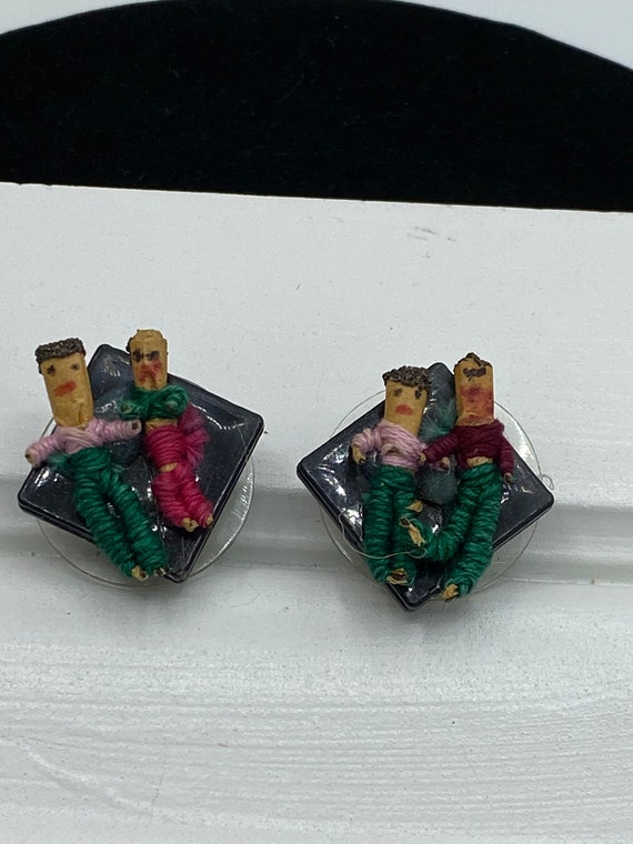 Vintage Cloth Worry Doll Clip Earrings - image 3