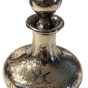 Vtg Circa Art Nouveau 1877 Fragrance Bottle with Ground Glass Stopper and Full Sterling Silver Covering Floral Engraved Depose 77 925 Gift