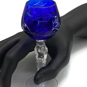 Vintage Cobalt Blue Cut Clear Bohemian Czech Aperitif Cordial Stem Lausitzer Grape Traube Marsala