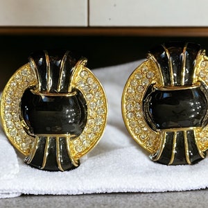 Orecchini a clip Art Déco con fiocco in smalto nero vintage Kenneth Jay Lane con strass di cristallo KJL HHH36