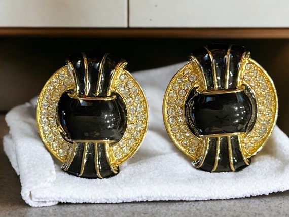 Vintage Kenneth Jay Lane Black Enamel Bow With Crystal Rhinestones Art Deco Chunky Clip Earrings KJL HHH36 Etsy UK