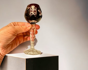 Vintage Oxblood Red Cut Clear Bohemian Czech Aperitif Cordial Stem Lausitzer