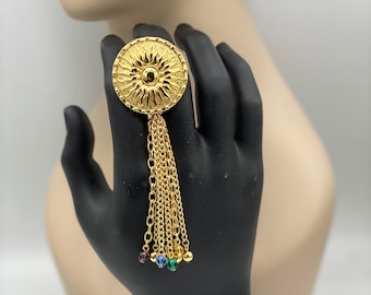 VTG Long Etruscan Revival Sun Gold plated Brooch Pendant Colored Glass Beaded Dangles
