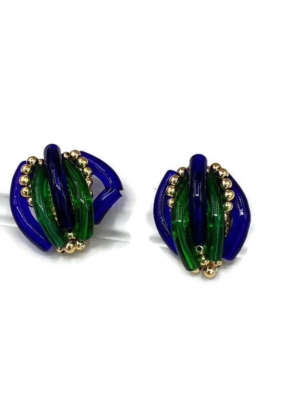 Vintage Italian Murano Blue Green Glass Tube Clip Earrings Italy