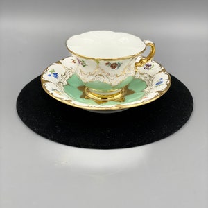 Antique Meissen B Form Porcelain Cup Saucer Set Green Flowers And Heavy Gold Decor
