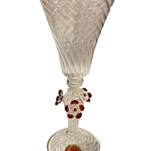Vintage MCM 1960s- 1970s Italian Murano Red Flower Stem Crystal Sherry Aperitif Goblet Glass Petite 5 1/2”