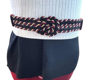 Cintura vintage in seta rossa, nera e con finiture dorate, modello a fascia larga, 38 pollici.