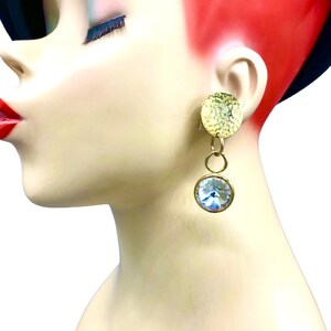 Vintage Gold Plate Hammered Disk Crystal Oversized Rivoli Dangle Party Clip Earrings Wedding Bridal KK12
