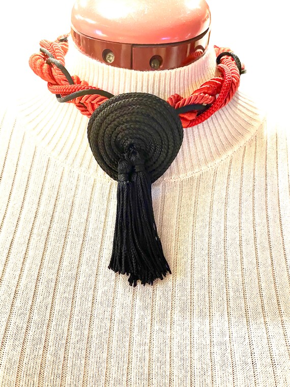 Vintage Chunky Red Silk Cable with Black Fringe T… - image 2