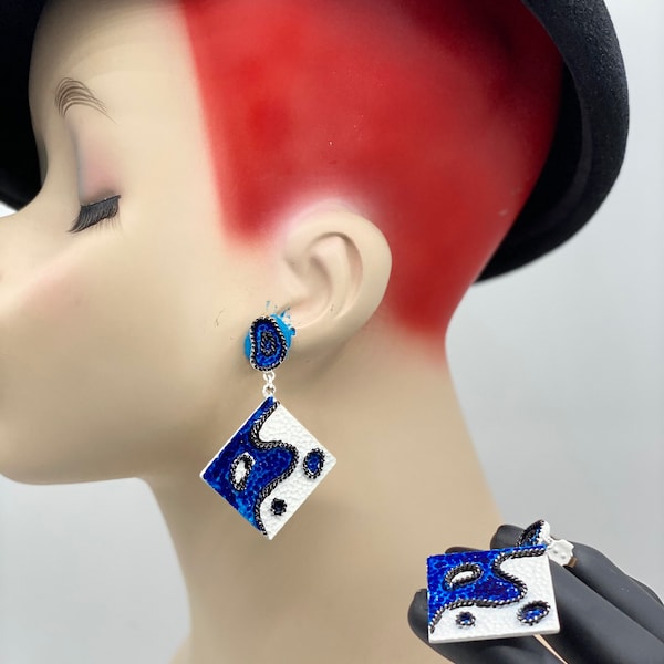 Vintage Blue and White Abstract Enamel Dangle Clip EARRINGS