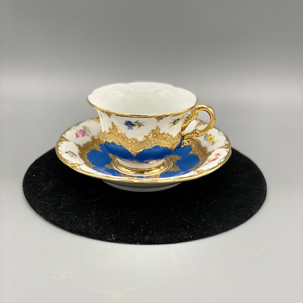 Antique Meissen B Form Porcelain Cup Saucer Set Turquoise Blue Flowers And Heavy Gold Decor