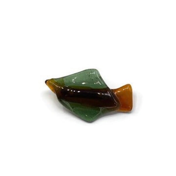 Vintage Colorful Artisan Green and Amber Art Glass Abstract Fish Brooch Pin