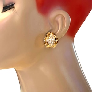 Vintage CHRISTIAN DIOR Etruscan Frill Gold Plated Clear Pave Crystal River Clip Earrings KK18
