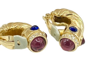 Vintage Ciner Curved Purple Amethyst Green Red Blue Gripoix Cabochon Faux Jewels India Moghul Gold Twist Plate Shrimp Clip Earrings WW15