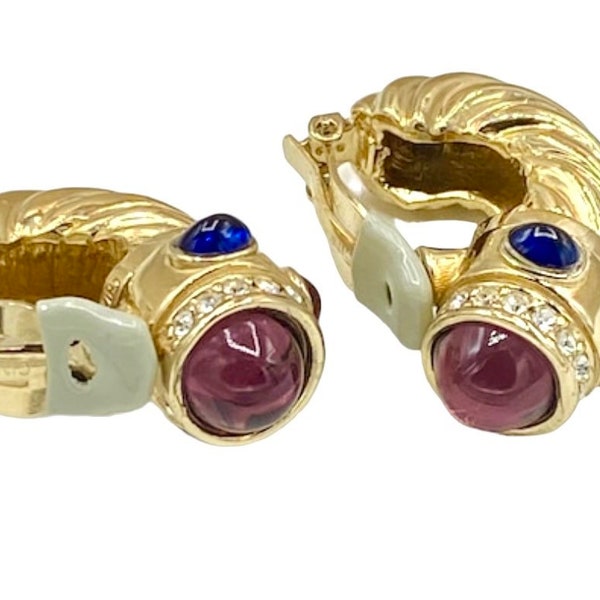 Vintage Ciner Curved Purple Amethyst Green Red Blue Gripoix Cabochon Faux Jewels India Moghul Gold Twist Plate Shrimp Clip Earrings WW15