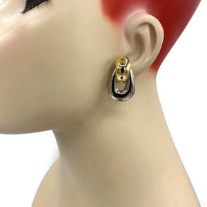 Vintage Two Toned Silver and Gold Hoop Door Knocker Clip Earrings Petite RR23