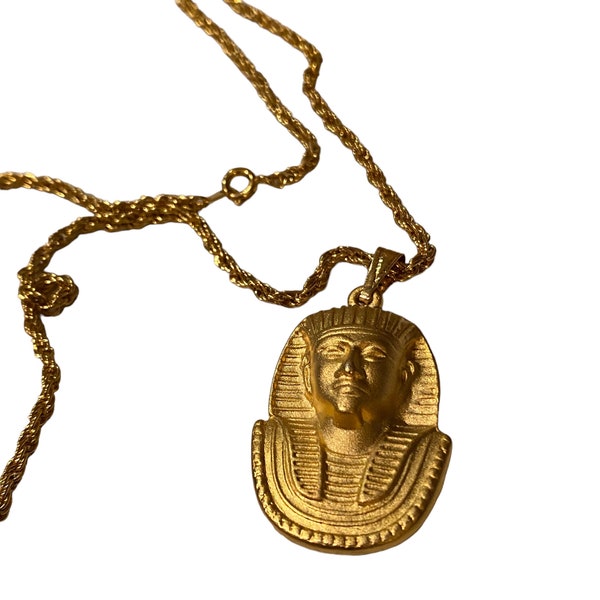 Vintage Brushed Gold King Tut Sarcophagus Mummy Pharaoh Pendant Necklace AU13