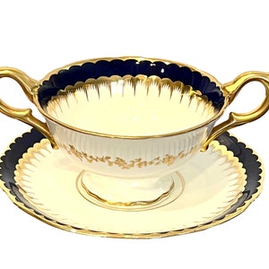 Vintage Coalport Cobalt Blue & Gold Spearpoint Cream Soup Bowl w/ Underplate Free USA Shipping on All purchases over 35USD