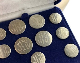 Vintage Nordstrom’s Pewter Looking Art Deco Font Monogrammed JCG Button Set New in Box BA8