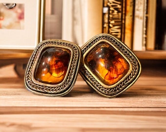 Vintage quadratische Clip-Ohrringe aus Kunstschildkröte aus Lucite im Boho-Chic-Stil mit Seilbesatz