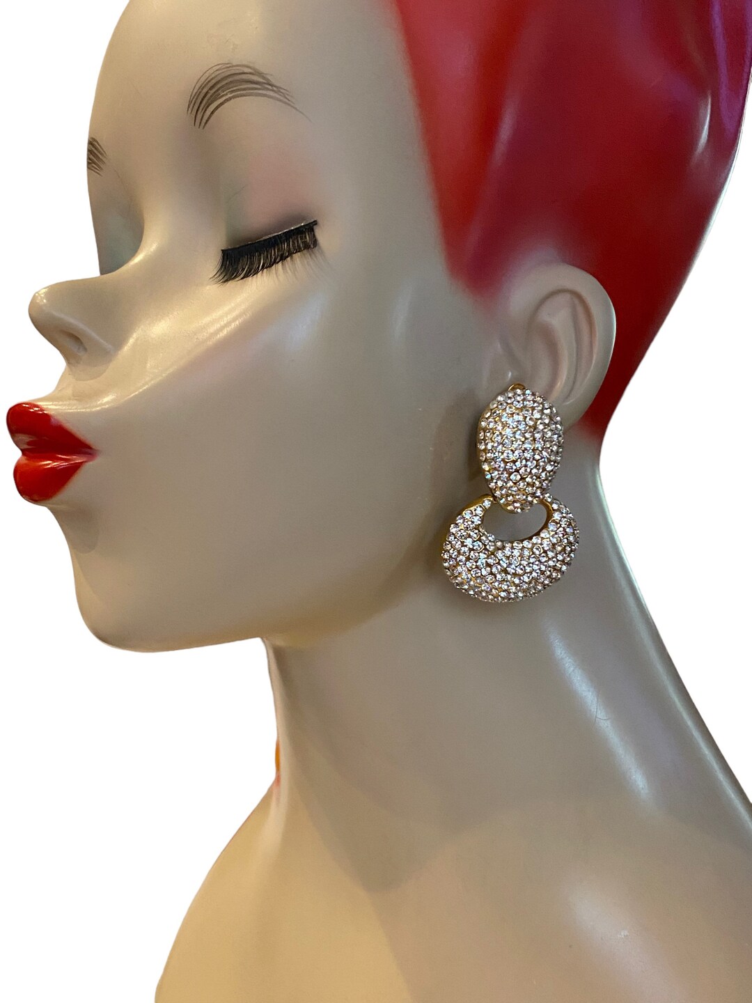 Buy Vtg Chunky Jarin Pave Crystal Door Knocker Clip Earrings TT24