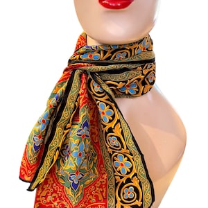 Vintage Rich Red and Gold & Black Talbots Long Scarf 48” x 10” Needs one side hem repaired