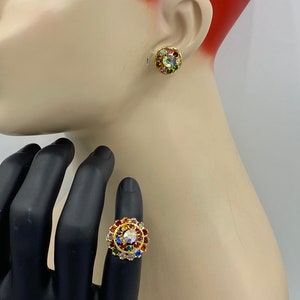 1960s Mid Century Modern verstellbarer Cocktail Ring und Aurora Borealis Strass Ohrclips Ohrringe Party Abschlussball AB6