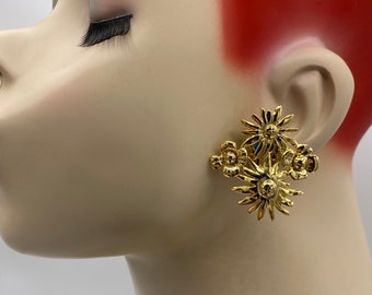 ヴィンテージ ゴールドメッキ 特大 シャスタデイジー フラワー クラスター クリップイヤリング 1980年代 新古品 ボックス1s1
