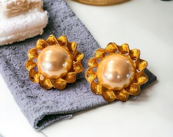Ensemble Collier + Boucles D'oreilles Clips Vintage RICHELIEU - Fausses Perles Ton Or - Années 80