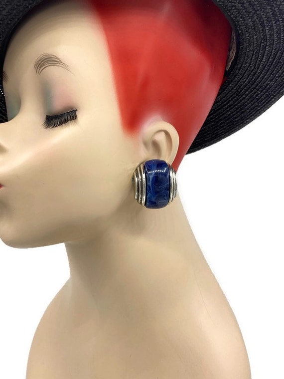 Boucles D'oreilles Vintage à Clips - Boules Marbrées Bleues - Modèle 3867 - Occasion Bon état