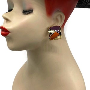 Vtg 1980s Purple Orange Chartreuse Lime Green Enamel Oversized Half Hoop Huggie Pierced Earrings U16