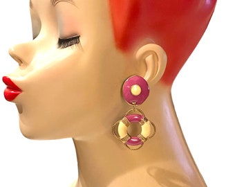 Vintage Raspberry Fuchsia And Cream Enamel Nautical Life Preserver Boho Deco Dangle Pierced Earrings FFF7