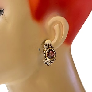 Vintage Etruscan Chunky Gold & Silver Plated Polished Purple Amethyst Huggie Hoop Clip Earrings AV26