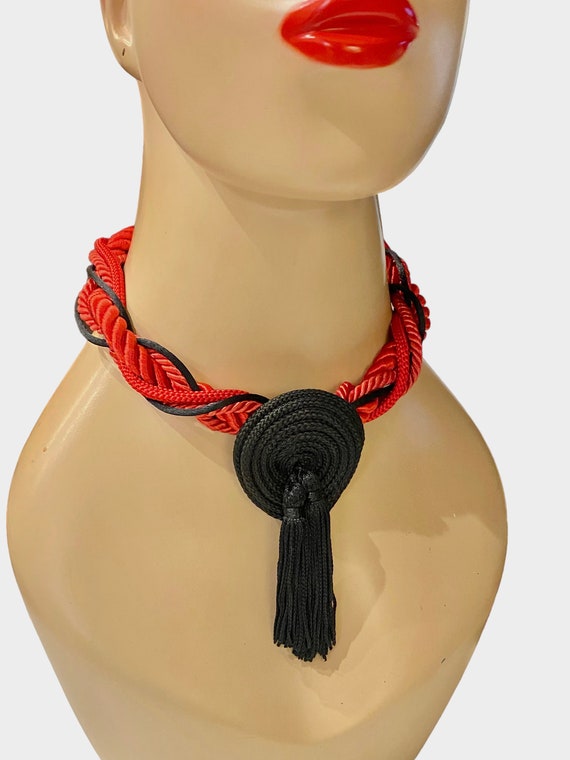 Vintage Chunky Red Silk Cable with Black Fringe T… - image 5