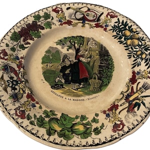 Antique Creil Polychrome French Faience Plate Montereau Lebeuf & Thibault Offrande A La Madone Biscaye 8.5”
