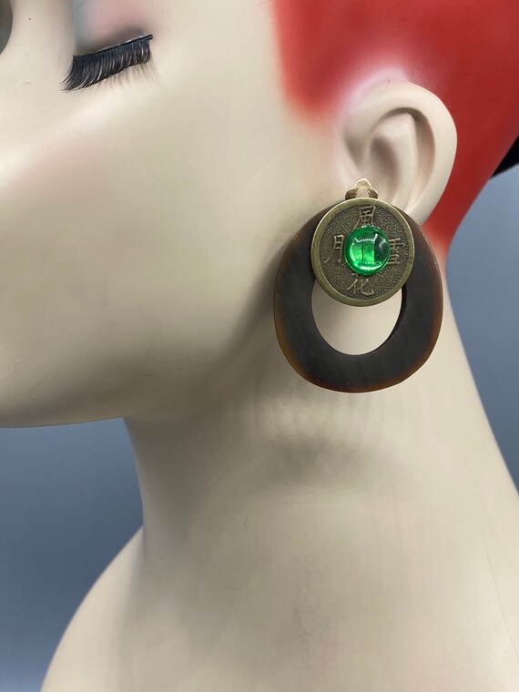 Vtg Asian Coin Green Lucite Cabochon Tortoiseshell Hoop Clip Earrings KK17 Etsy Ireland