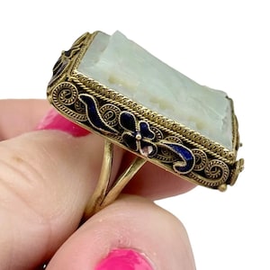 Antique Gold Vermeil Silver Filigree Navy Blue Enamel & Light Green Carved Jade Ring Sz 7