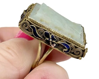 Antique Gold Vermeil Silver Filigree Navy Blue Enamel & Light Green Carved Jade Ring Sz 7