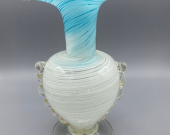 Jarrón Vintage Mezza Filigrana de Aureliano Toso Azul blanco Murano Italia