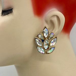 Vintage Brilliant Clear Aurora Borealis Marquis Crystal Clip Earrings AE36