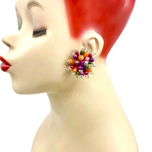 Vintage Colorful Pink Purple Orange Cosmic Sputnik Atomic Age Lucite Button Clip Earrings XX29