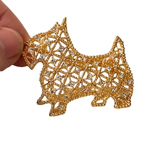 Vintage Gold Plated Scotty Dog Webbed Pin Brooch with Crystals FFF15