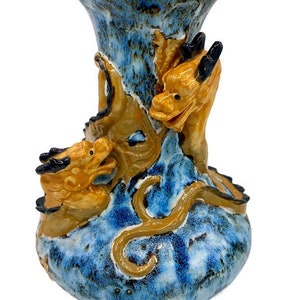 Vintage Mid Century Modern Asian Dragon Drip Glaze Art Pottery Ceramic Vase