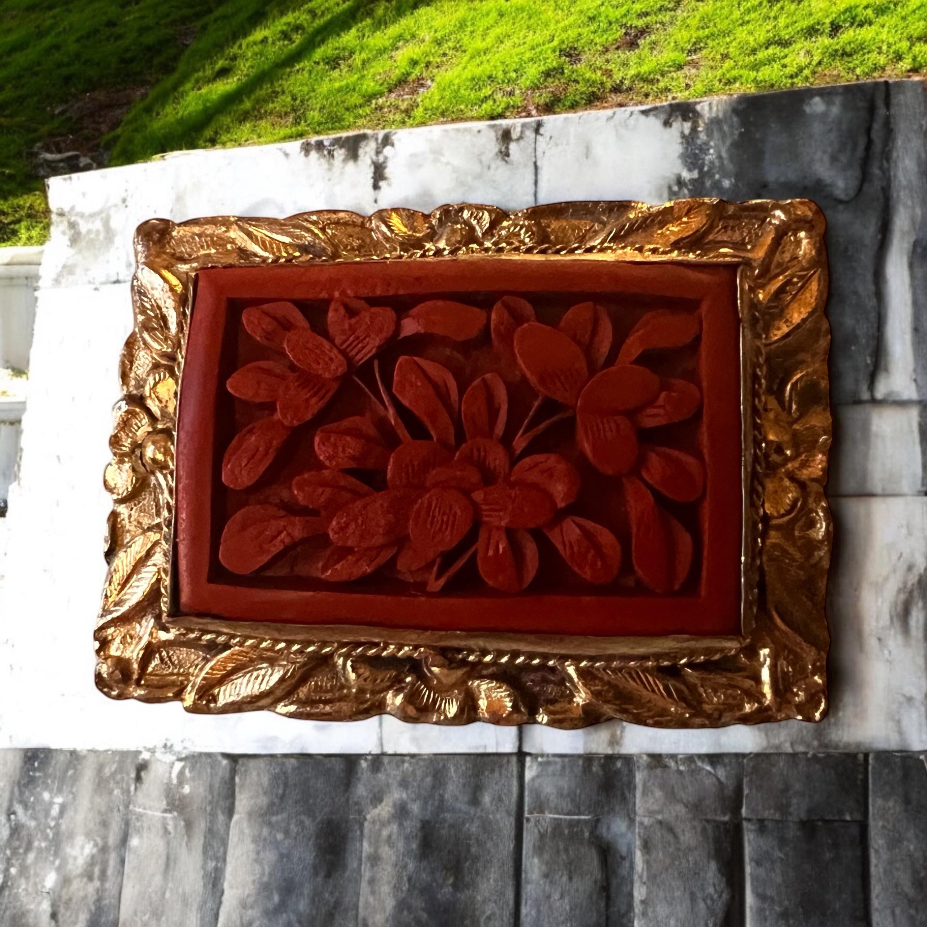 Vintage Red Lacquer Brooch Silver China Carved Lacquer Asian ZZ 21