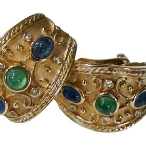 Pendientes de aro vintage con cabujón Gripoix de cristal verde y azul, chapados en oro, CCC13