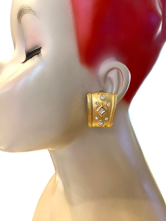 Vintage Brushed Gold Plate  and Crystal Clip Earri