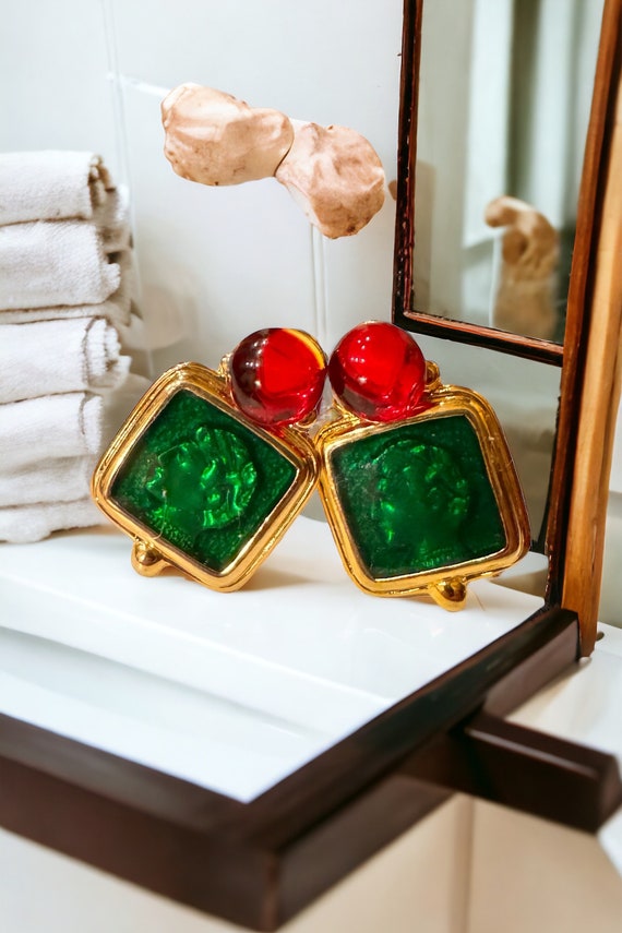 Vintage Green Enamel & Lucite with Red Cabochon G… - image 2