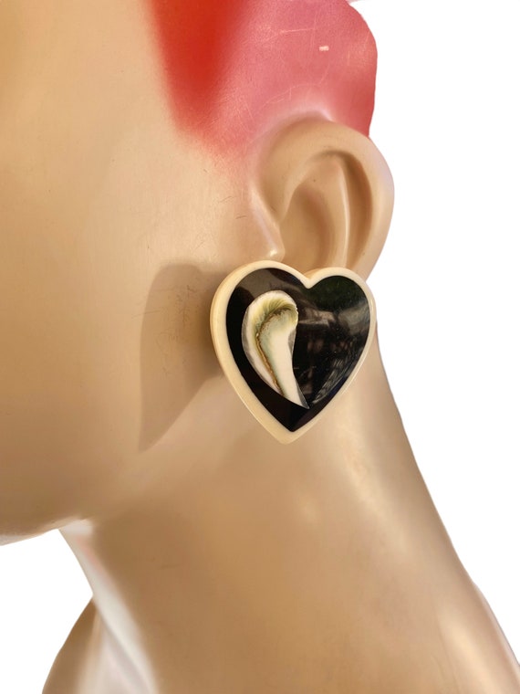 Vtg Lucite Heart Cream and Black Clip Earrings AT… - image 1