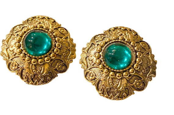 Victorian Cabochon Emerald Earrings Vintage 1980s Retro Romantic